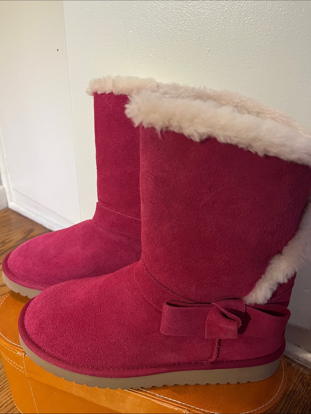 Koolaburra Raspberry Pink Faux-Shearling Winter Boots with Bow
